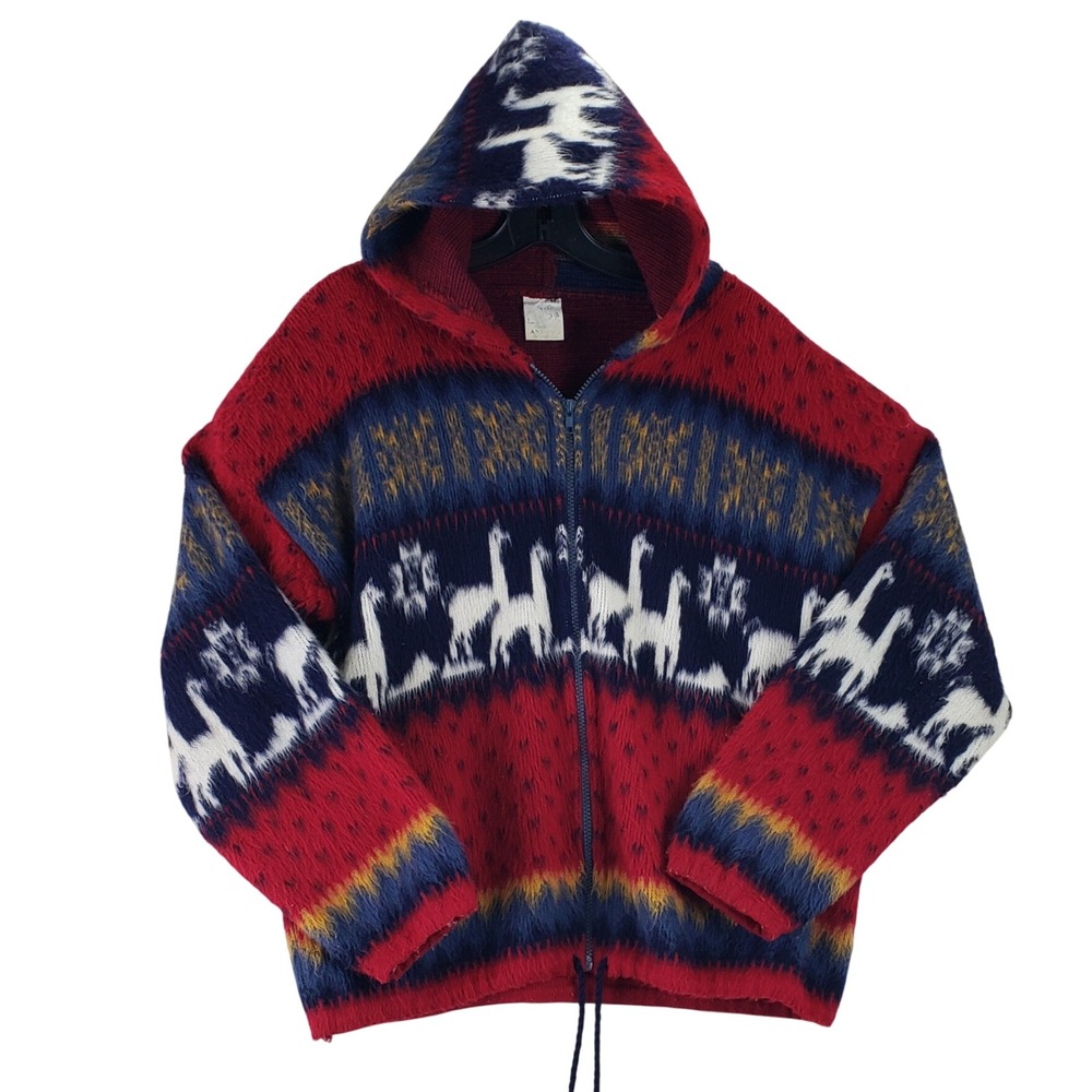 Andino Artesanias Wool Zip Hoodie Sweater Mens M Red Blue Llama Andean Ecuador